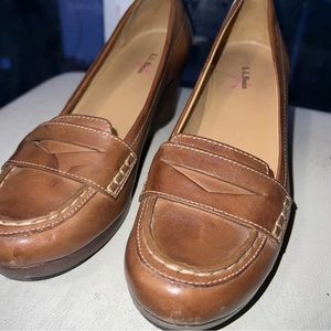 LL BEAN brown leather penny loafers w/ wedge heels Brazil 8.5 GUC slip on